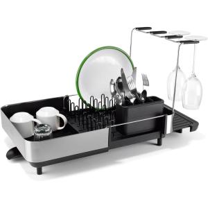 Joseph Joseph Extend Steel Plus Extendable Dish Rack Steel, Small to Large Dish Drainer with Wine Glass Holder & Drain Spout(Black)