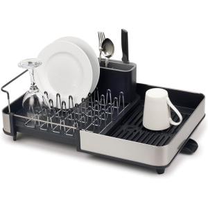 Joseph Joseph Extend Steel Plus Extendable Dish Rack Steel, Small to Large Dish Drainer with Wine Glass Holder & Drain Spout(Gray)