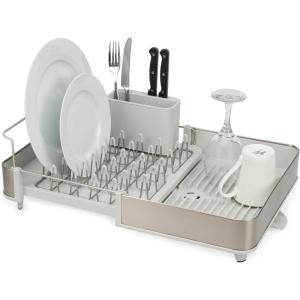Joseph Joseph Extend Steel Plus Extendable Dish Rack Steel, Small to Large Dish Drainer with Wine Glass Holder & Drain Spout(Light Stone)