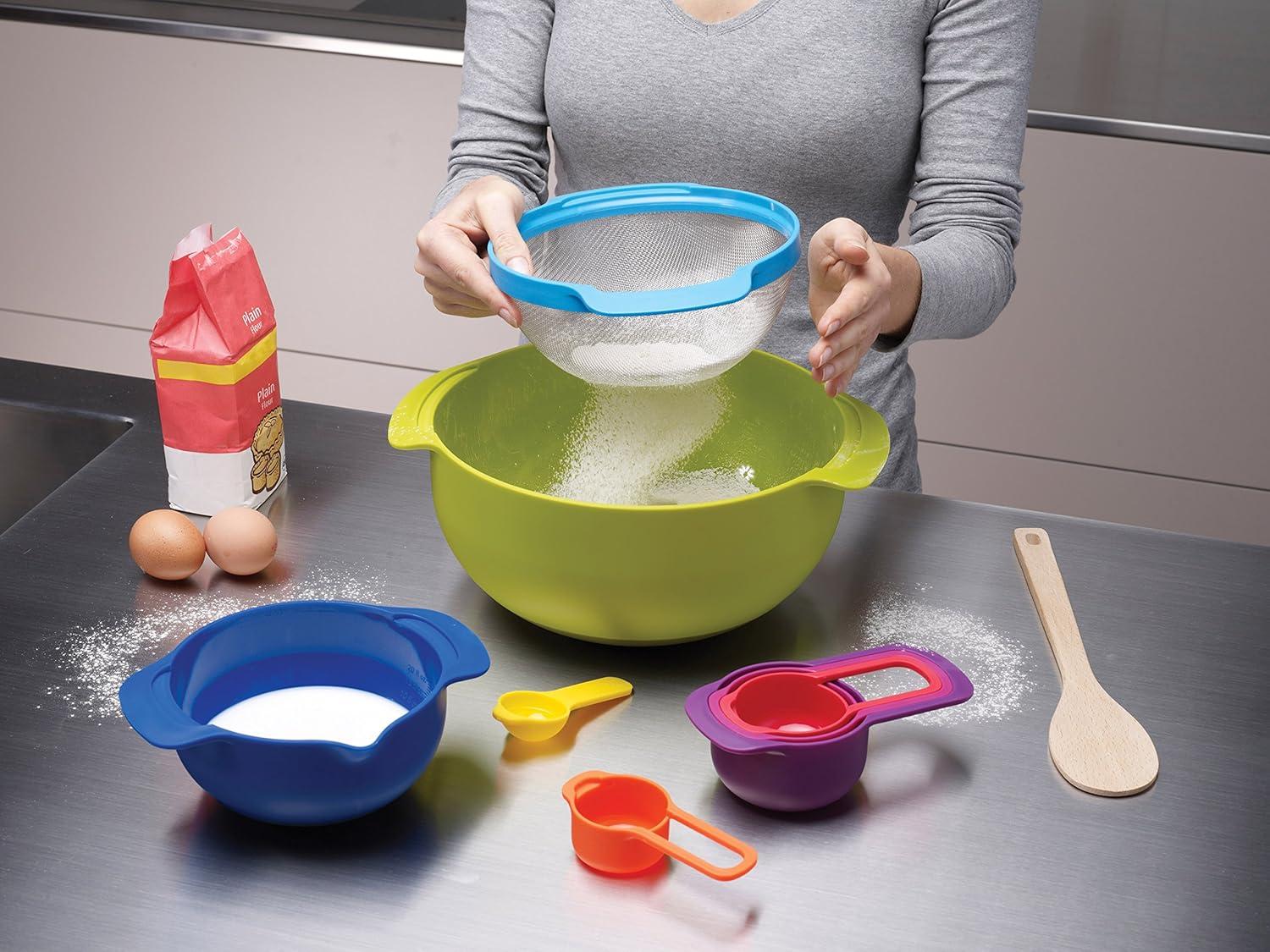 image:imageJoseph Joseph Nest 9 Plus 9 Piece Compact Food Preparation Set with Mixing Bowls Measuring Cups Sieve and Colander Stainless SteelMulticolour