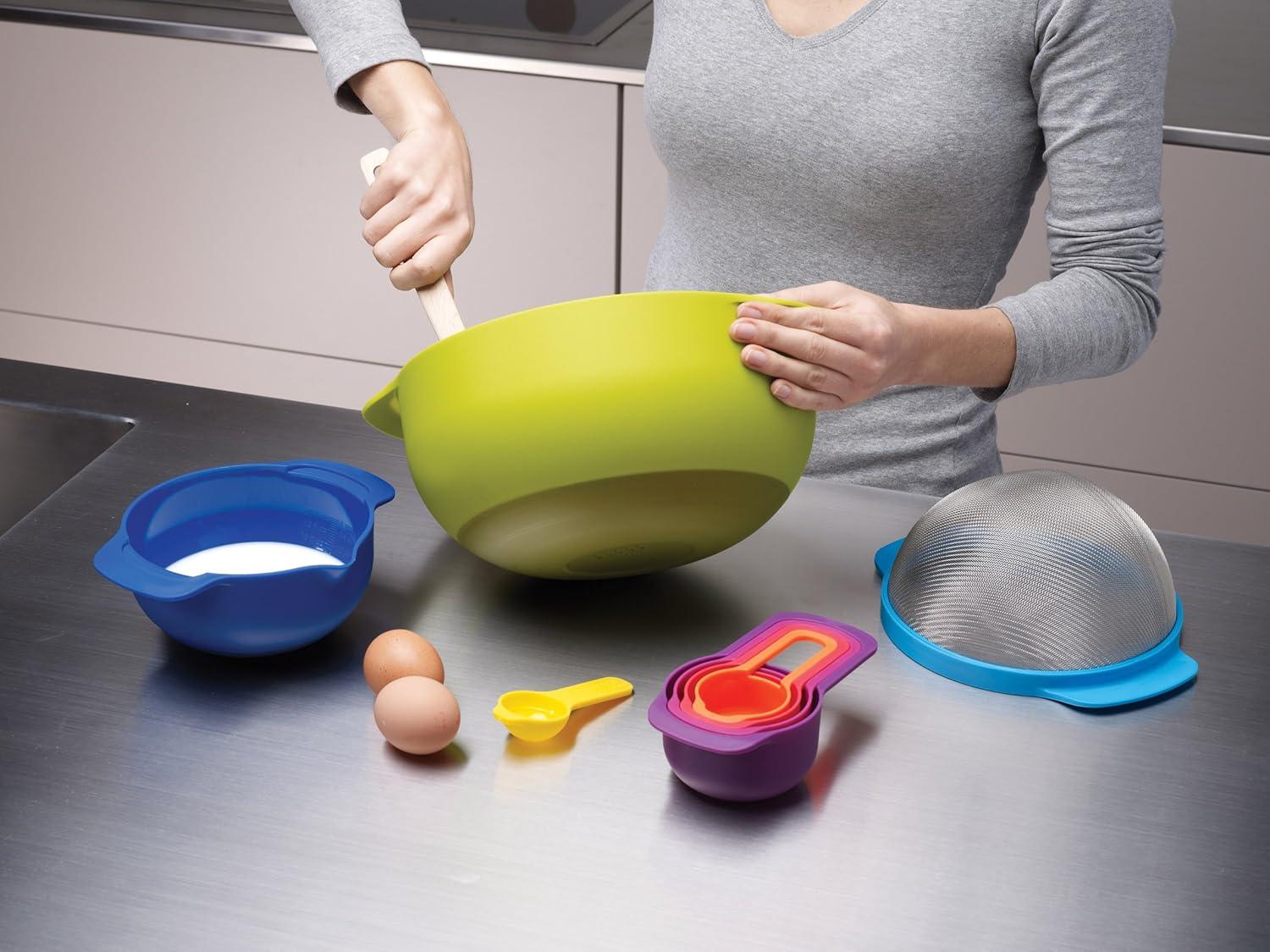 image:imageJoseph Joseph Nest 9 Plus 9 Piece Compact Food Preparation Set with Mixing Bowls Measuring Cups Sieve and Colander Stainless SteelMulticolour