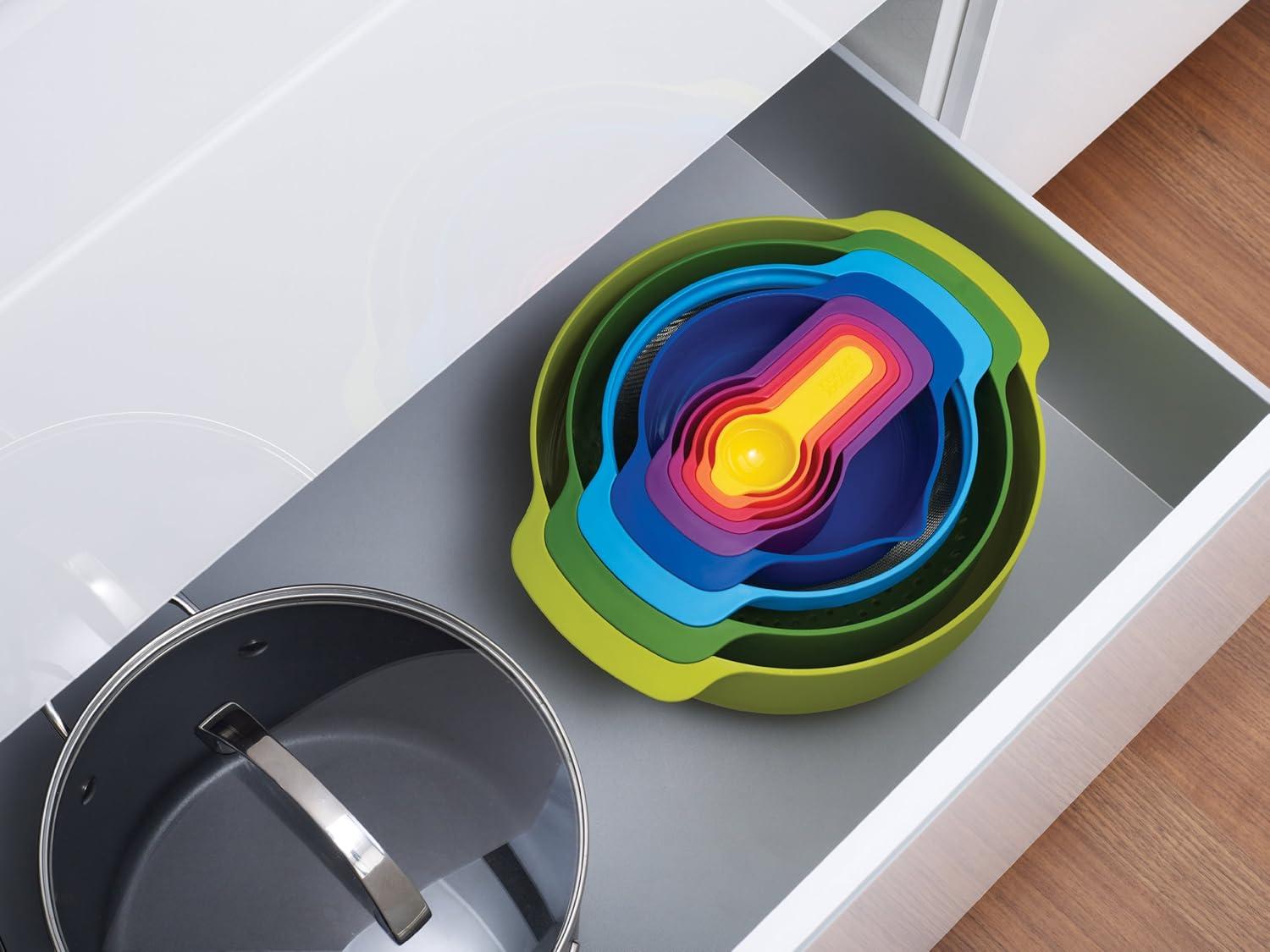 image:imageJoseph Joseph Nest 9 Plus 9 Piece Compact Food Preparation Set with Mixing Bowls Measuring Cups Sieve and Colander Stainless SteelMulticolour