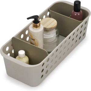 Joseph Joseph EasyStore – Slimline Bathroom essentials Storage Basket Organiser with moveable pot and divider, Ecru(Slimline (Pack of 1))