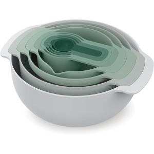 Joseph Joseph Nest 9 Plus, 9 Piece Compact Food Preparation Set with Mixing Bowls, Measuring Cups, Sieve and Colander, Stainless Steel(Green)