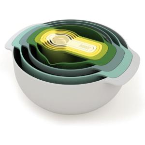 Joseph Joseph Nest 9 Plus, 9 Piece Compact Food Preparation Set with Mixing Bowls, Measuring Cups, Sieve and Colander, Stainless Steel(Opal)
