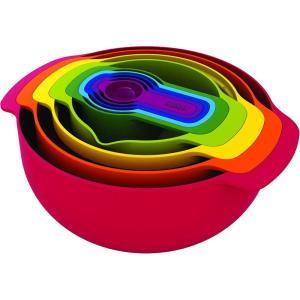 Joseph Joseph Nest 9 Plus, 9 Piece Compact Food Preparation Set with Mixing Bowls, Measuring Cups, Sieve and Colander, Stainless Steel(Red)