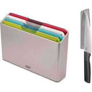 Joseph Joseph Folio Icon 8-Piece Colour coded Cutting Board Set with Japanese Stainless Steel Knives, Slimline case for organized storage, Graphite(Silver)