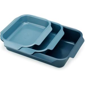 Joseph Joseph Nest Bakeware and Roasting Pan, Carbon Steel Baking Pan with Non-Stick Coating, Easy-Pull Handles, Organized Kitchen Storage, Small, Blue(Set of 3 (Small  Medium  Large))