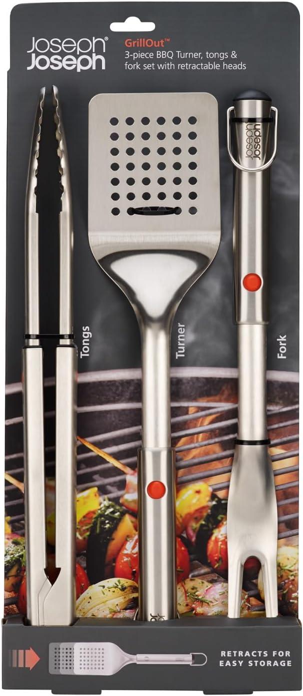 image:imageJoseph Joseph GrillOut 5Piece Stainless Steel BBQ Utensil Set with Storage Case Brush Tongs Turner amp Fork Retractable for compact storage Easyclean3 piece