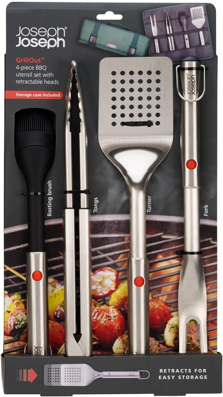 image:imageJoseph Joseph GrillOut 5Piece Stainless Steel BBQ Utensil Set with Storage Case Brush Tongs Turner amp Fork Retractable for compact storage Easyclean5 piece