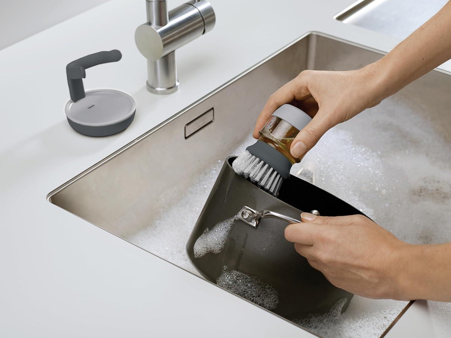 image:imageJoseph Joseph Palm Scrub Refillable Soap Dispensing Cleaning Washing Up Kitchen Brush with Storage Stand Holder GreyGray