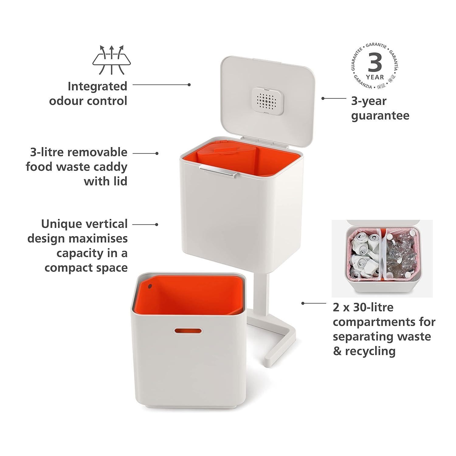 image:imageJoseph Joseph Totem Max 60 Liter1585 Gallon Waste Separation and Recycling Kitchen Trash Can with Odor Filter and Removable Compost Food Waste Caddy BlackStone