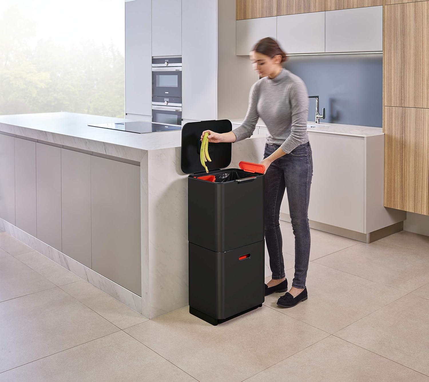 image:imageJoseph Joseph Totem Max 60 Liter1585 Gallon Waste Separation and Recycling Kitchen Trash Can with Odor Filter and Removable Compost Food Waste Caddy BlackCarbon Black