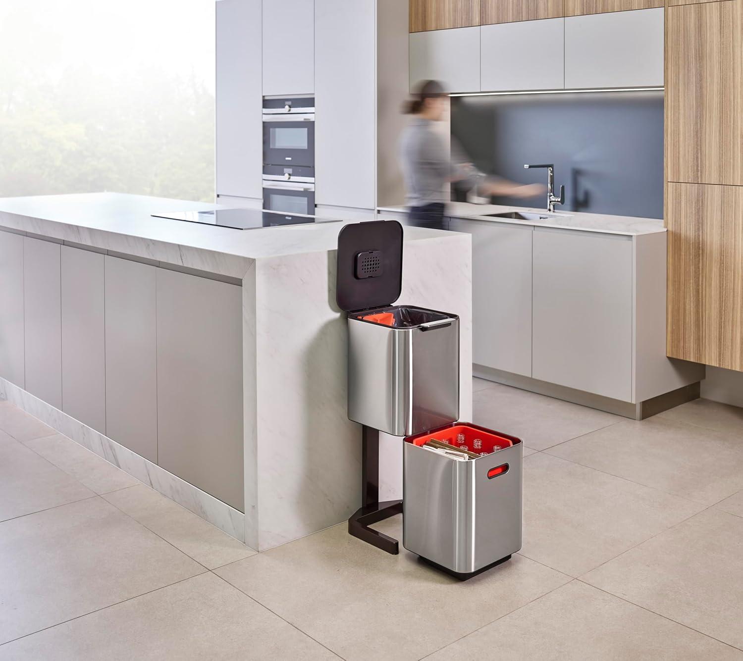 image:imageJoseph Joseph Totem Max 60 Liter1585 Gallon Waste Separation and Recycling Kitchen Trash Can with Odor Filter and Removable Compost Food Waste Caddy BlackStainless Steel