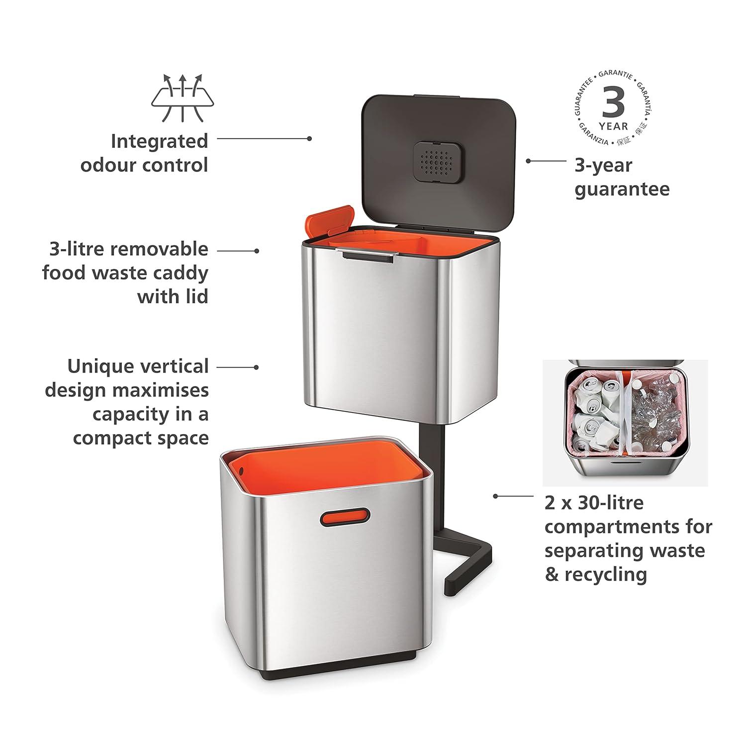 image:imageJoseph Joseph Totem Max 60 Liter1585 Gallon Waste Separation and Recycling Kitchen Trash Can with Odor Filter and Removable Compost Food Waste Caddy BlackStainless Steel