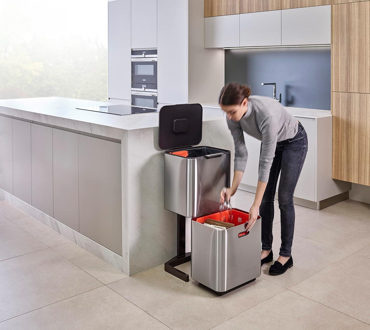 image:imageJoseph Joseph Totem Max 60 Liter1585 Gallon Waste Separation and Recycling Kitchen Trash Can with Odor Filter and Removable Compost Food Waste Caddy BlackStainless Steel