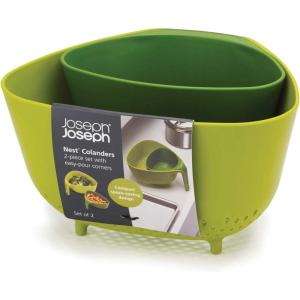 Joseph Joseph Nest Colanders Stackable Set with Easy-Pour Corners and Vertical Handle, 2-piece, Gray(Green)